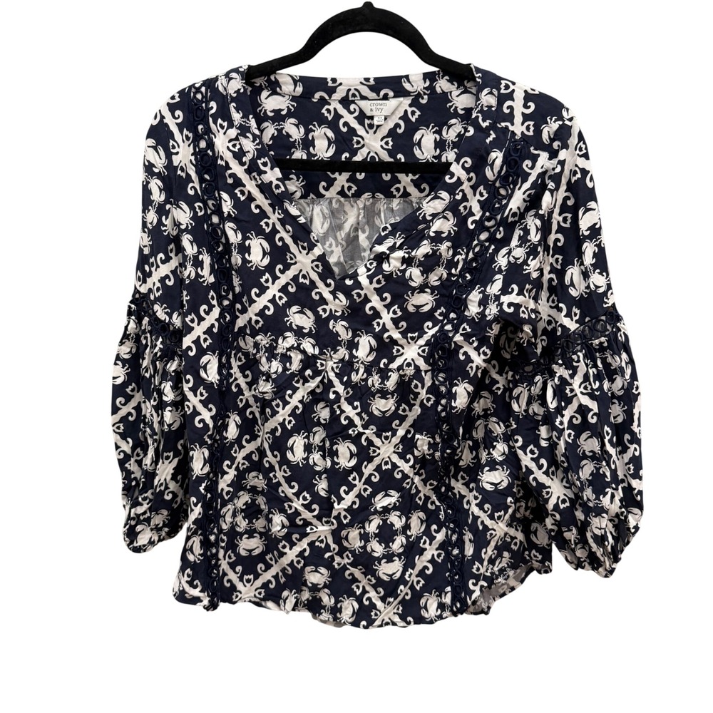 Crown & Ivy Womens Navy Blue White Crab Print V-Neck Balloon Sleeve Blouse XS‎